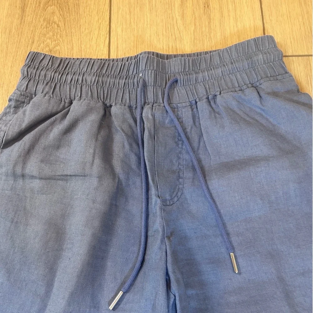 Quince Women Blue 100% Linen Wide Leg Cropped Drawstring Pants Size S